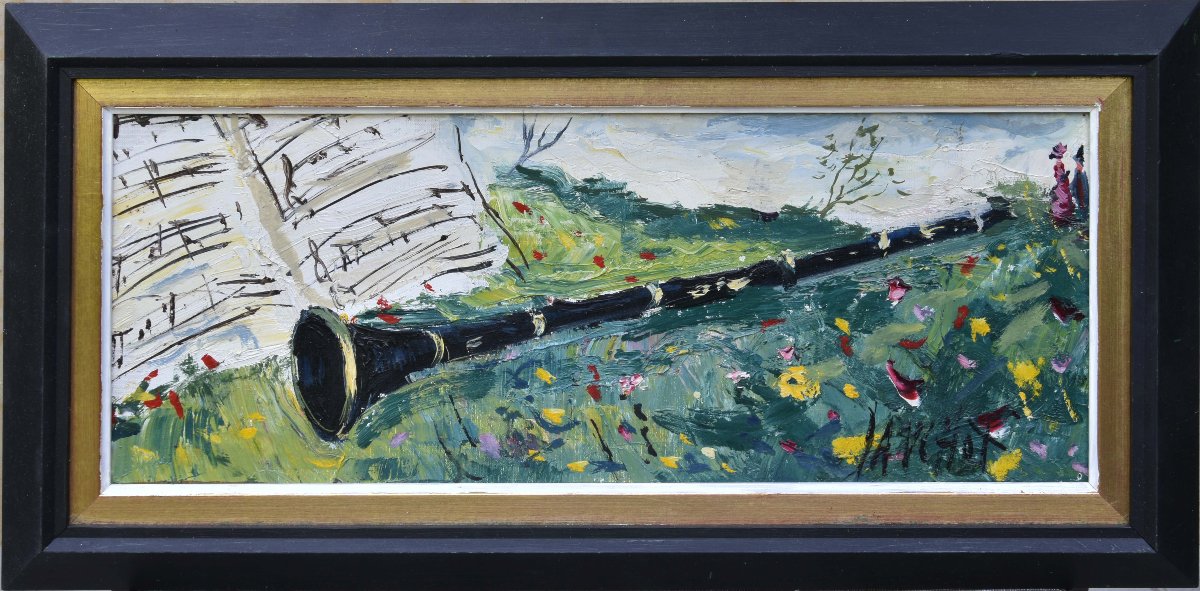 Gabriel Dauchot, "the Clarinet," Oil On Canvas, 20x45